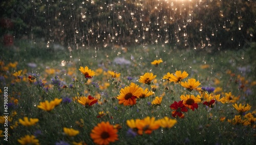 Raining, flower field. 