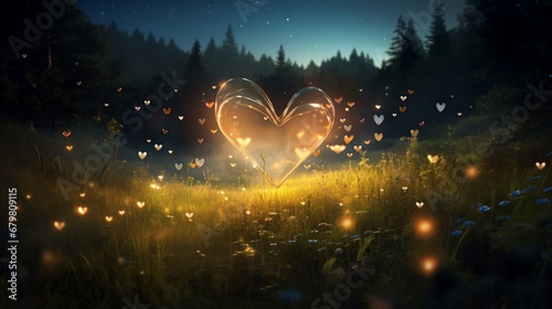 Produce a meadow with fireflies forming a heart shape, captioned with "You light up my life."