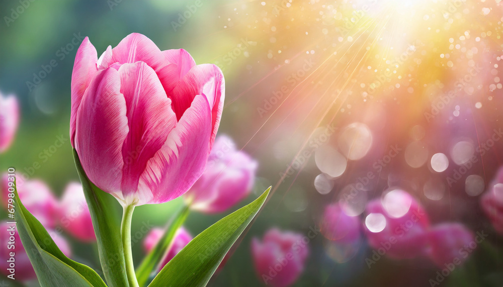 Beautiful pink tulips in spring in sun light.