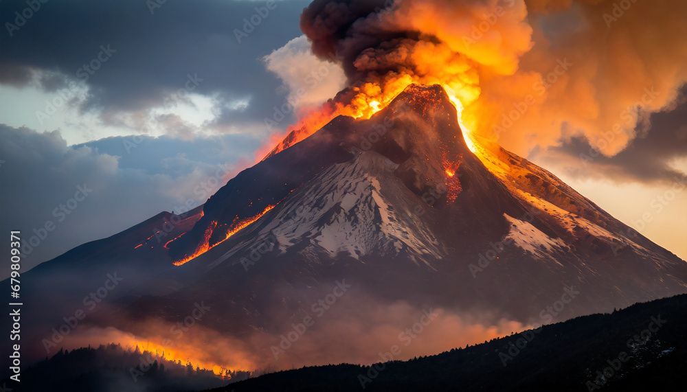 Burning volcano,  mountain peak erupting with flame and smoke at dusk. 