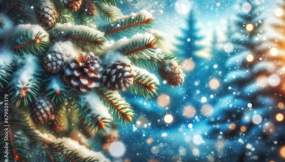 Pine branches and cones covered in snow, with a bokeh background. Generative ai.