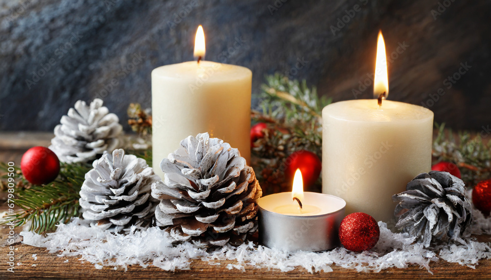 Beautiful Christmas candle and decorations. New year.