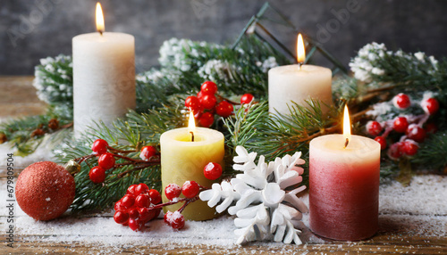 Beautiful Christmas candle and decorations. New year.