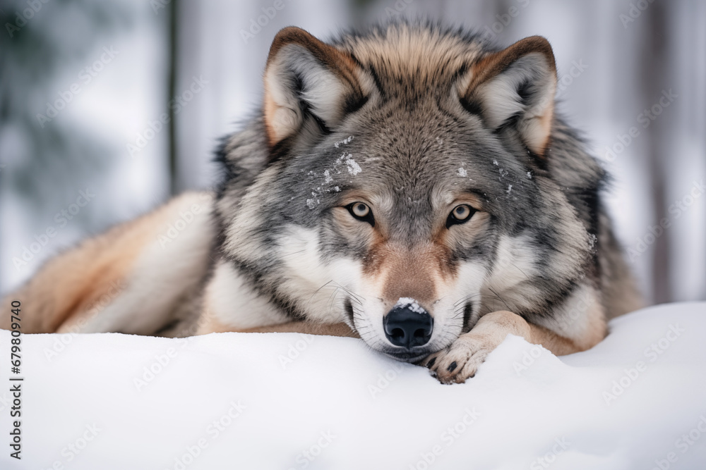 a wolf lying in the snow