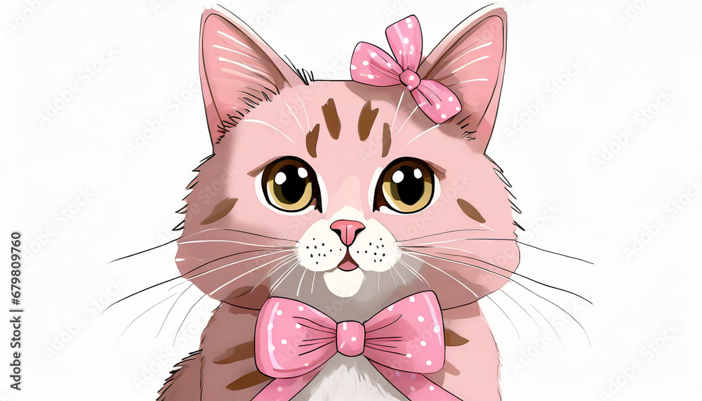 Cute  cat with pink bow white background 