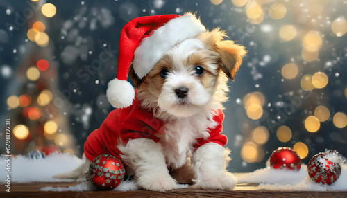 Cute funny puppy in Santa hat. Christmas decorations. 