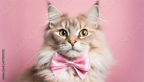Cute cat with pink bow pink background. 