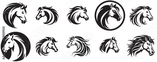 Stylized Horse Vector Heads Logos in Black and White Silhouettes Illustrations