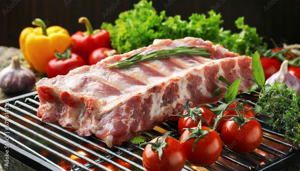 Raw pork ribs, with vegetables and spices.	