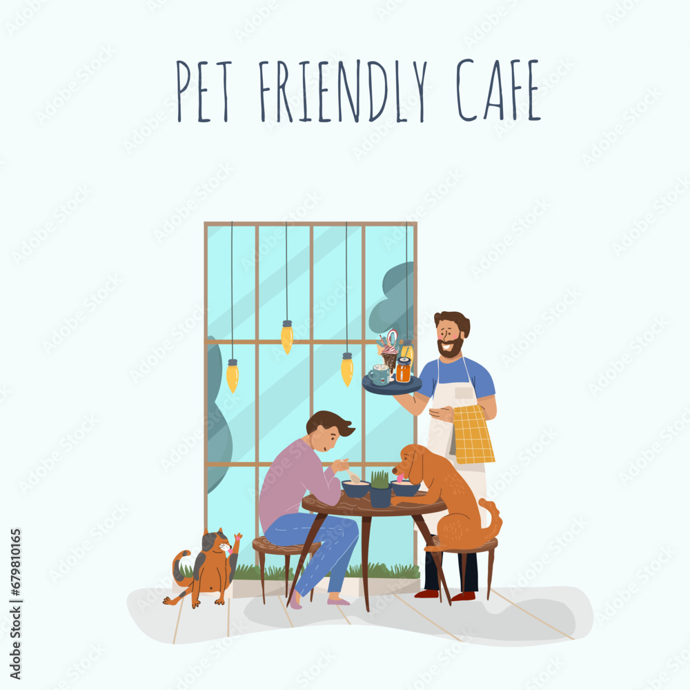 © Natalia - Vector illustration, cartoon cat cafe characters, animal friendly cat, small business graphic, customer and barista. Modern flat vector. People eat and talk together with a dog and a cat in a cafe.