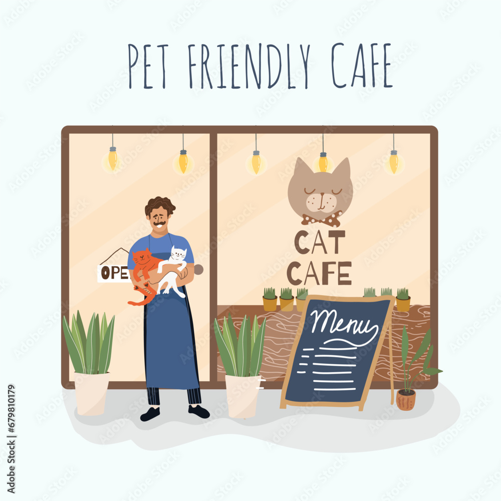 Obraz premium Vector illustration, cartoon cat cafe characters, animal friendly cat, small business graphic, customer and barista. Modern flat vector. People eat and talk together with a dog and a cat in a cafe. 