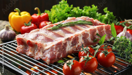 Raw pork ribs, with vegetables and spices. 