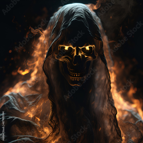 close up of a Fire Ghost, luminated, ghost in motion, transparent smoke, black background