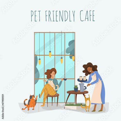Vector illustration, cartoon cat cafe characters, animal friendly cat, small business graphic, customer and barista. Modern flat vector. 
People eat and talk together with a dog and a cat in a cafe. 