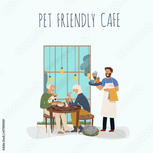 Vector illustration, cartoon cat cafe characters, animal friendly cat, small business graphic, customer and barista. Modern flat vector. 
People eat and talk together with a dog and a cat in a cafe. 