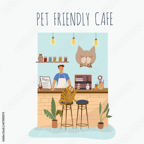 Vector illustration, cartoon cat cafe characters, animal friendly cat, small business graphic, customer and barista. Modern flat vector. 
People eat and talk together with a dog and a cat in a cafe. 