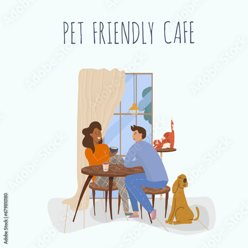 Vector illustration, cartoon cat cafe characters, animal friendly cat, small business graphic, customer and barista. Modern flat vector. 
People eat and talk together with a dog and a cat in a cafe. 
