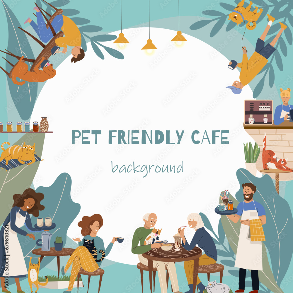 Round vector frame, background, template, vector illustration, cartoon cat cafe characters, pet friendly cat, small business, customer and barista.
People eat and talk together with a dog and a cat.