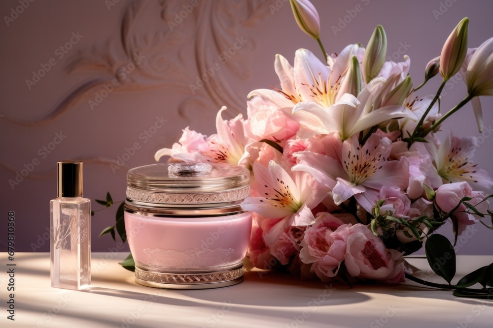 A classy arrangement of perfume bottle and moisturizing cream amongst blooming flowers with soft lighting