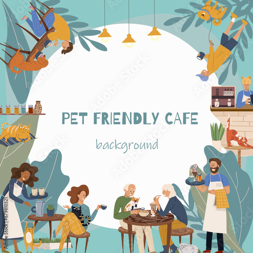 Round vector frame, background, template, vector illustration, cartoon cat cafe characters, pet friendly cat, small business, customer and barista.
People eat and talk together with a dog and a cat.