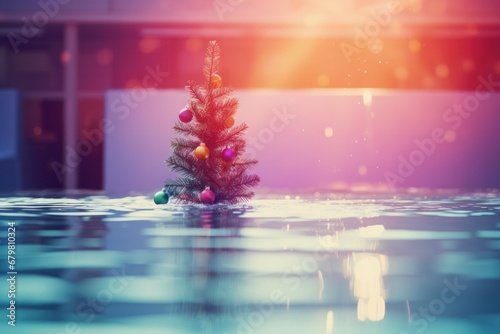 A lone christmas tree partially submerged in a pool with sun setting, creating a dreamy, reflective atmosphere photo