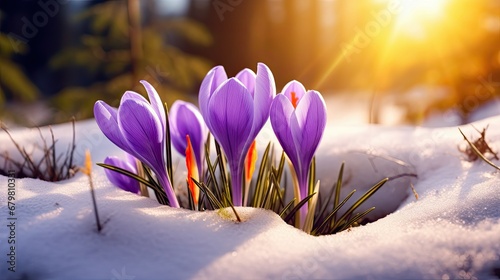 The first spring flowers violet crocuses in snow in nature in the rays of sunlight against blue sky, close-up 