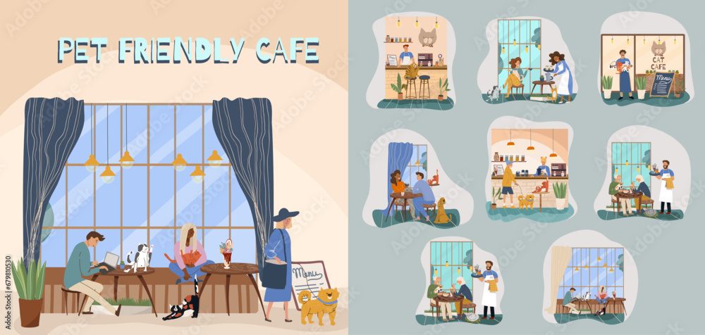 Pet friendly cafe vector set illustrations, characters cartoon people, animals, cats, dogs. Small business art.