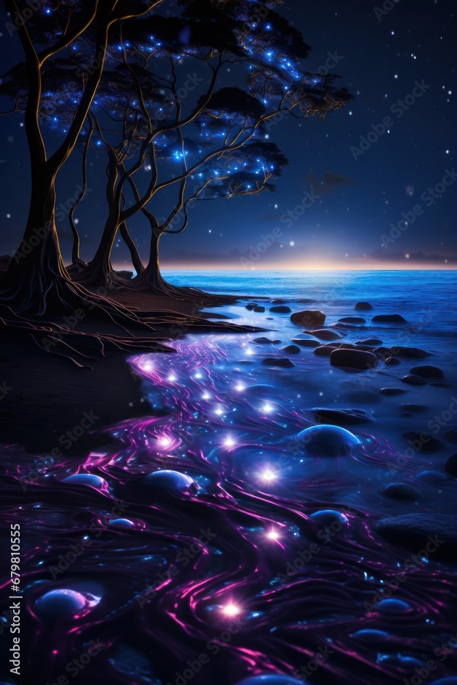 Fototapeta premium Surreal nighttime scene of a beach illuminated by glowing bioluminescent waves under starry sky