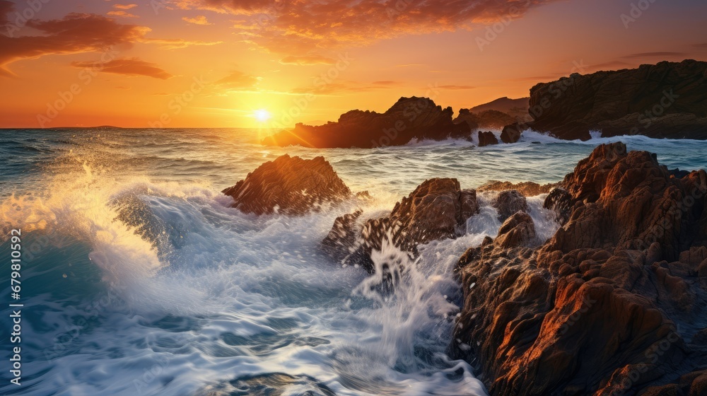 Fototapeta premium Very beautiful mediterranean seascape with setting sun on sunset. Waves crash on rocks in nature.