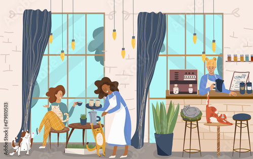 Vector illustration, cartoon cat cafe characters, animal friendly cat, small business graphic, customer and barista. Modern flat vector. 
People eat and talk together with a dog and a cat in a cafe. 