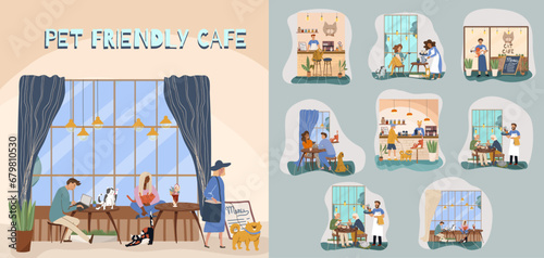 Pet friendly cafe vector set illustrations, characters cartoon people, animals, cats, dogs. Small business art.