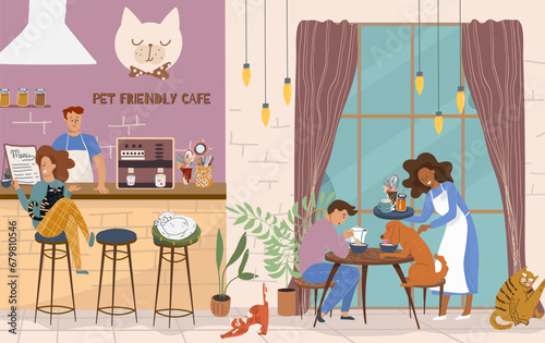 Vector illustration, cartoon cat cafe characters, animal friendly cat, small business graphic, customer and barista. Modern flat vector. 
People eat and talk together with a dog and a cat in a cafe. 