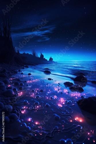 A tranquil beach scene with bioluminescent tides and a distant ship under a starry night sky