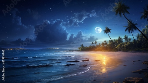 Design a moonlit beach with the message  Love shines in the night. 