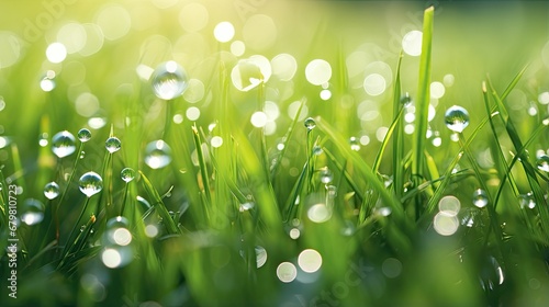 Very beautiful wide-format photo of green grass close-up in an early spring or summer morning, with dew or rain drops on the blades of grass and light bokeh in the morning sun. 