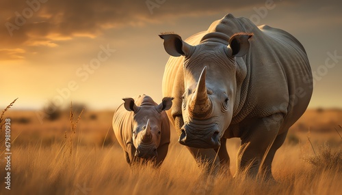 a rhinoceros and baby rhino walking in tall grass