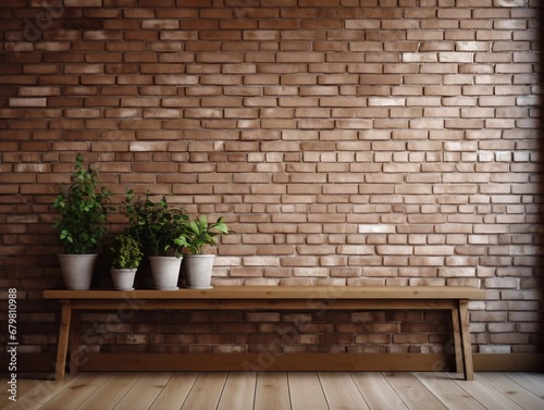 Brown wooden surface and white brick wall, AI generator