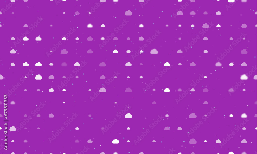 Seamless background pattern of evenly spaced white cloud symbols of different sizes and opacity. Vector illustration on purple background with stars Seamless background pattern of evenly spaced white cloud symbols of different sizes and opacity. Vector illustration on purple background with stars
