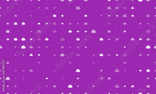 Seamless background pattern of evenly spaced white cloud symbols of different sizes and opacity. Vector illustration on purple background with stars