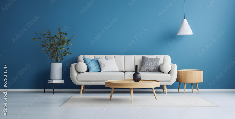 Le canapé d'une maison dans un salon. En arrière-plan, un mur bleu.  - obrazy, fototapety, plakaty 