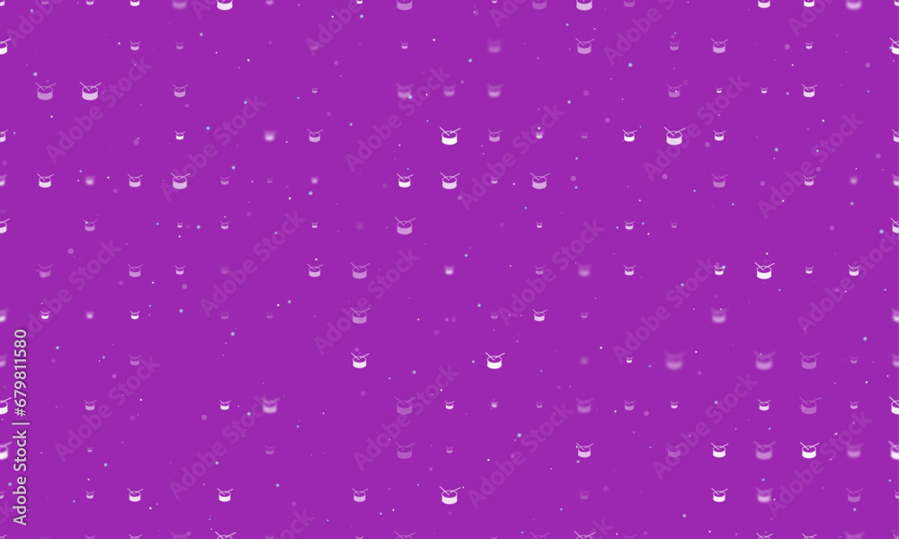 Seamless background pattern of evenly spaced white drum symbols of different sizes and opacity. Vector illustration on purple background with stars
