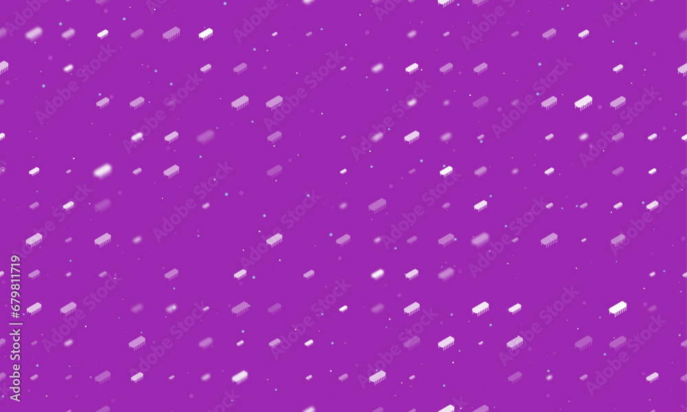 Seamless background pattern of evenly spaced white integrated circuit symbols of different sizes and opacity. Vector illustration on purple background with stars