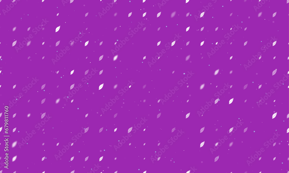 Seamless background pattern of evenly spaced white leaflet symbols of different sizes and opacity. Vector illustration on purple background with stars