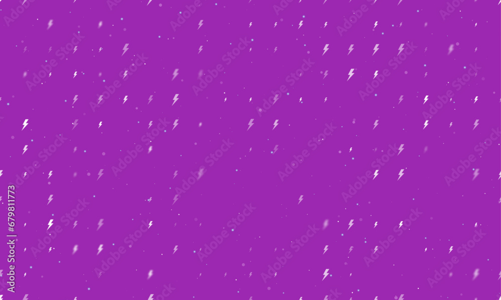 Seamless background pattern of evenly spaced white lightning symbols of different sizes and opacity. Vector illustration on purple background with stars