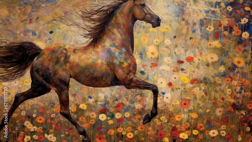 Horse gustav klimt canvas painting artist style wallpaper image AI generated art photo
