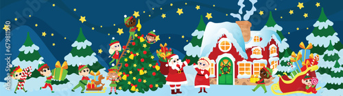Scene in front of Santa Claus's house on Christmas night. Santa Claus and Mrs. Santa Claus stand in front of the house. Little elves decorate the Christmas tree and carry gifts. 