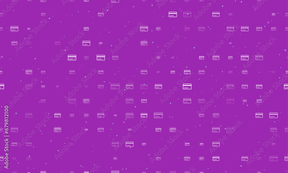 Seamless background pattern of evenly spaced white credit card symbols of different sizes and opacity. Vector illustration on purple background with stars Seamless background pattern of evenly spaced white credit card symbols of different sizes and opacity. Vector illustration on purple background with stars