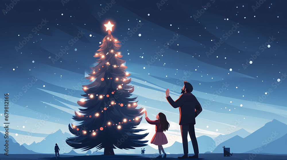 Father and daughter decorate a Christmas tree - Generated by Generative AI