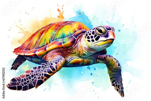 watercolor Turtle illustration with splash watercolor textured background © PinkiePie