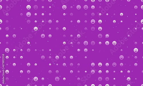 Seamless background pattern of evenly spaced white laughter Emoticons of different sizes and opacity. Vector illustration on purple background with stars